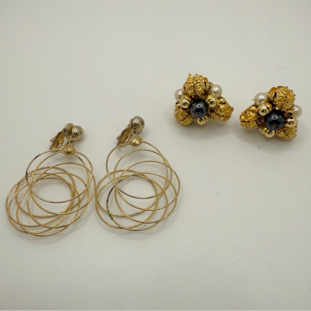 Two‎ Pairs Of Gold Tone Clip Earrings